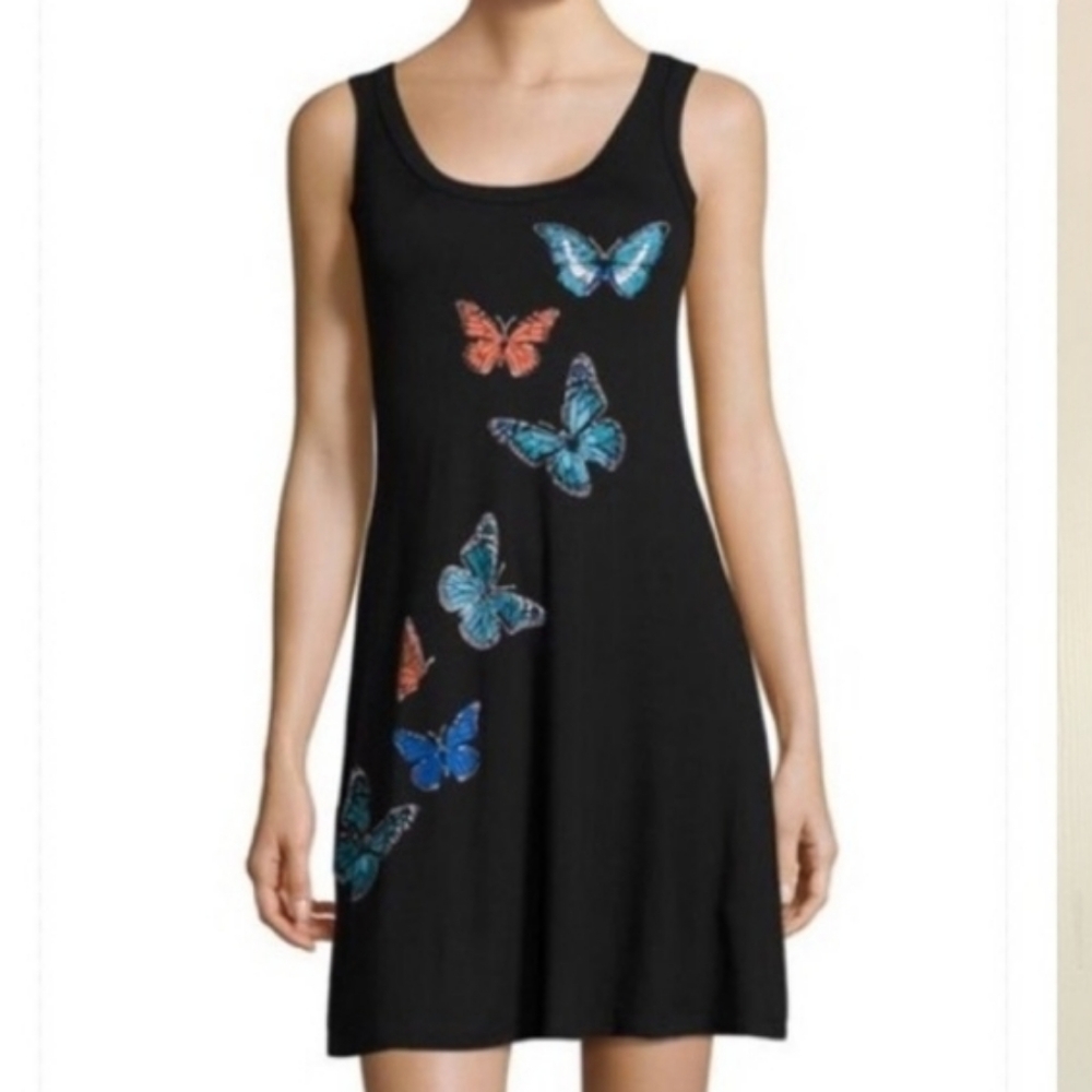 Karen Kane Black Dress with Blue and Orange Butterfly Design
